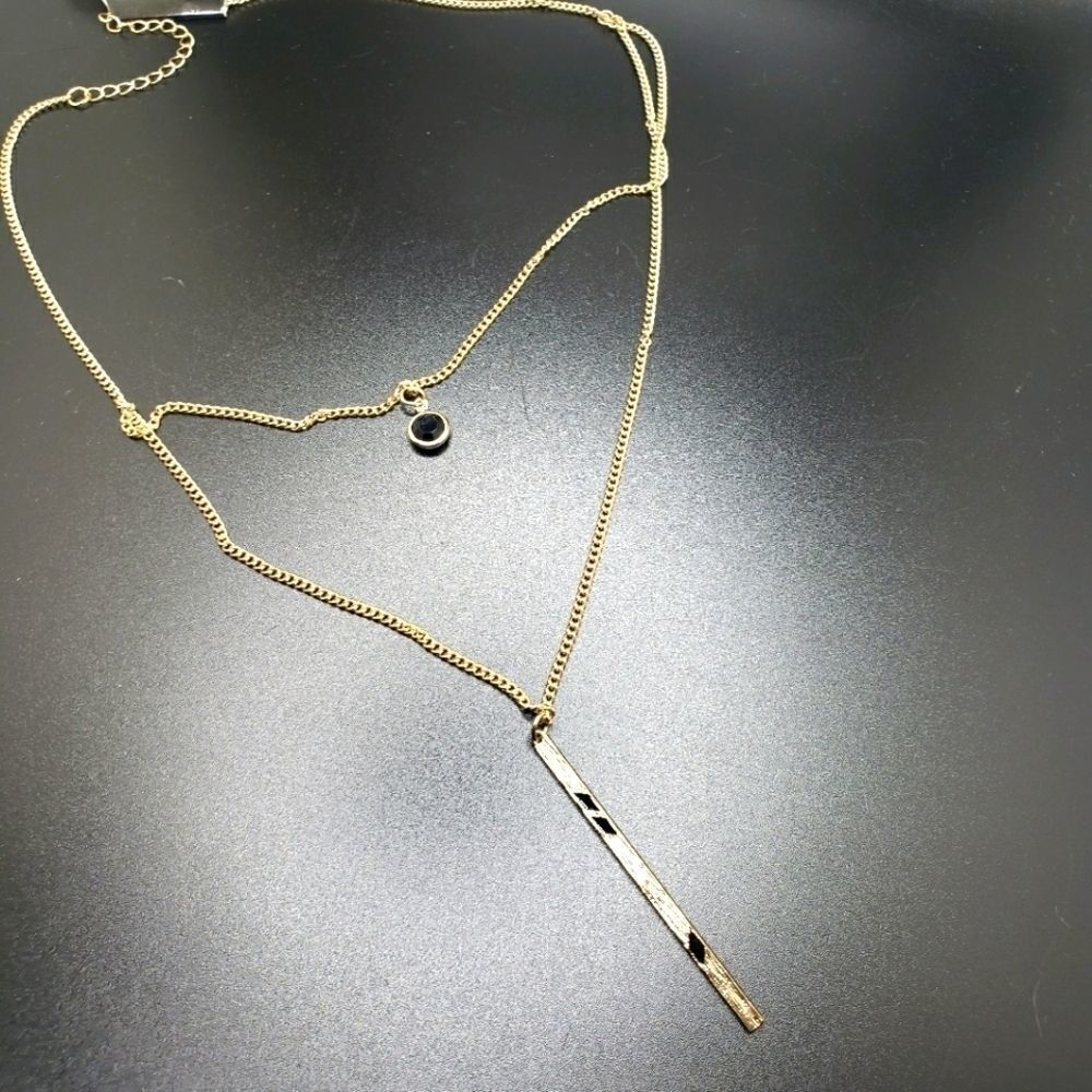 Double layered gold Y necklace with black stone